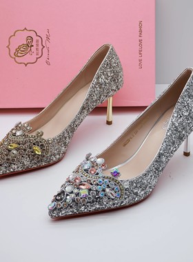 品牌撤柜断码秋季格利特喜庆婚鞋尖头浅口亮片水钻珍珠高跟女单鞋