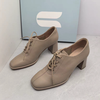 Comely/康莉撤柜断码春秋季真皮高跟方头系带时尚深口粗跟女单鞋