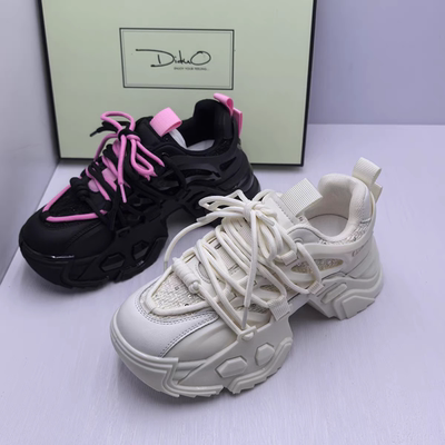 迪朵撤柜断码秋季小香风真皮圆头厚底休闲系带老爹鞋百搭运动鞋女