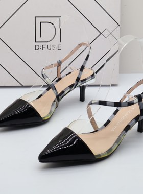 D:FUSE/迪芙斯撤柜断码春夏季真皮胶片包头高跟通勤一字带女凉鞋