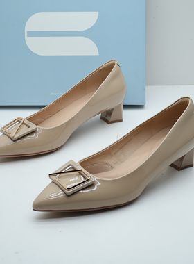comely/康莉断码撤柜春季真皮尖头中粗跟OL浅口英伦一脚蹬女单鞋