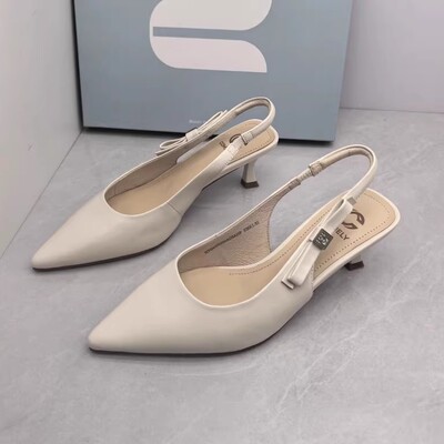 comely康莉断码撤柜夏季真皮包头法式高跟舒适一字带蝴蝶结凉鞋女