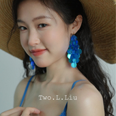 Two.L.Liu原创设计蓝色流苏耳环女度假风高级感小众手工耳夹耳饰