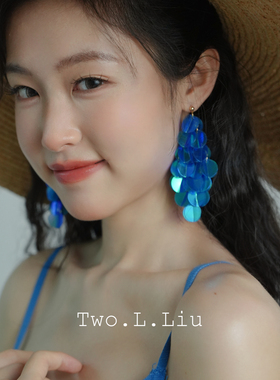 Two.L.Liu原创设计蓝色流苏耳环女度假风高级感小众手工耳夹耳饰