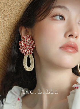 Two.L.Liu红色花朵耳环度假风波西米亚藤编海边夏天夸张小众耳饰