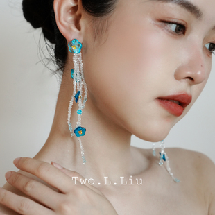 Two.L.Liu汀兰系列原创花朵耳环女蓝色捷克琉璃气质流苏个性 耳饰