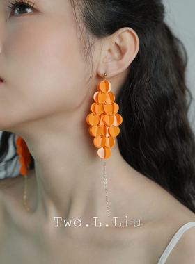 Two.L.Liu岛屿季风系列橘色流苏耳环女原创设计小众夸张手工耳饰