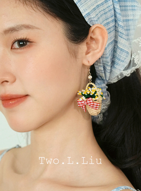 Two.L.Liu法式田园风花篮耳环女设计师款春夏高级感手工藤编耳饰