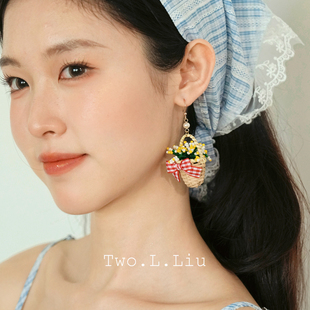 Two.L.Liu法式 春夏高级感手工藤编耳饰 田园风花篮耳环女设计师款
