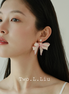 Two.L.Liu花间絮语系列粉色蝴蝶结耳环女原创手工925银针春夏耳饰