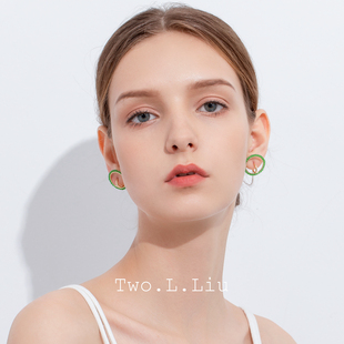 Two.L.Liu 高级手工串珠耳饰耳圈 绿色圆圈耳环女小清新设计感个性