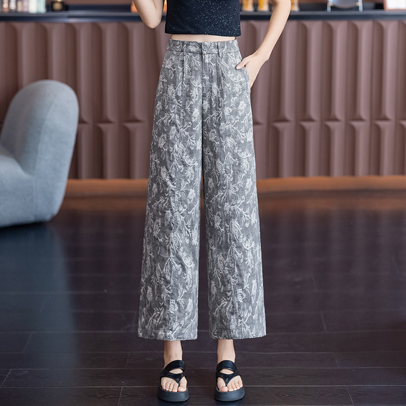 棉质花纹阔腿裤女夏季小个子八分印花休闲裤高腰宽松通勤直筒裤子