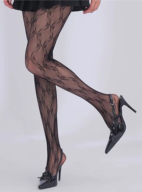 镂空蝴蝶结黑色连裤袜子女主播同款薄款性感透视连体白丝jk渔网袜