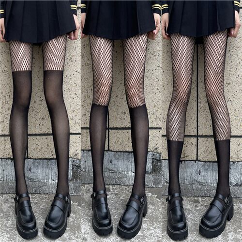 黑色网眼拼接渔袜女镂空连