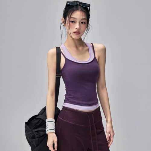假两件带胸垫瑜伽服背心弹力显瘦普拉提训练运动上衣外穿健身吊带
