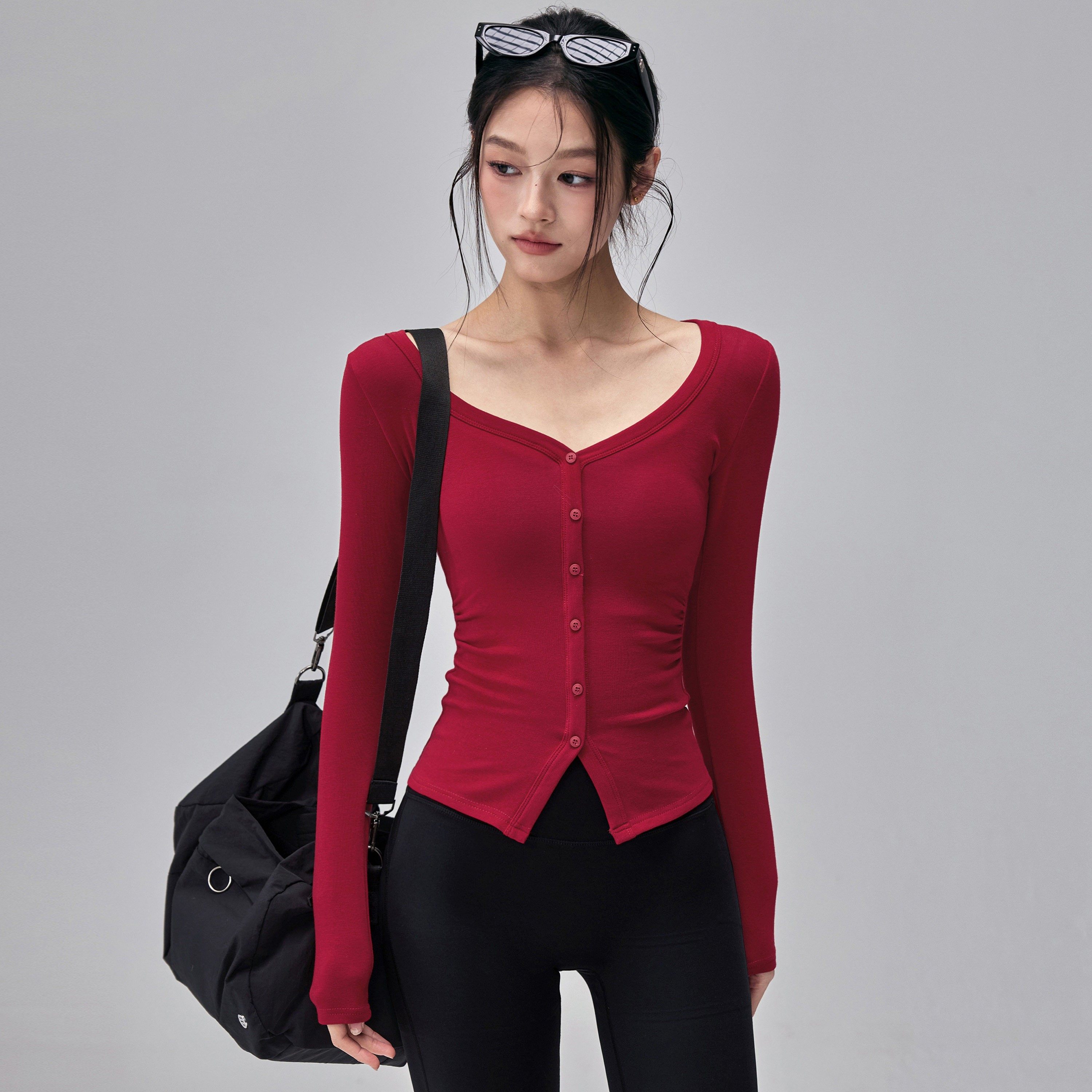 新年红瑜伽服长袖紧身V领显瘦普拉提训练运动上衣跑步健身T恤秋冬,运动/瑜伽/健身/球迷用品,瑜伽t恤,淘宝优惠券,粉丝福利购,淘宝优惠卷