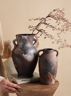 中古风粗陶罐花瓶书房花器摆件