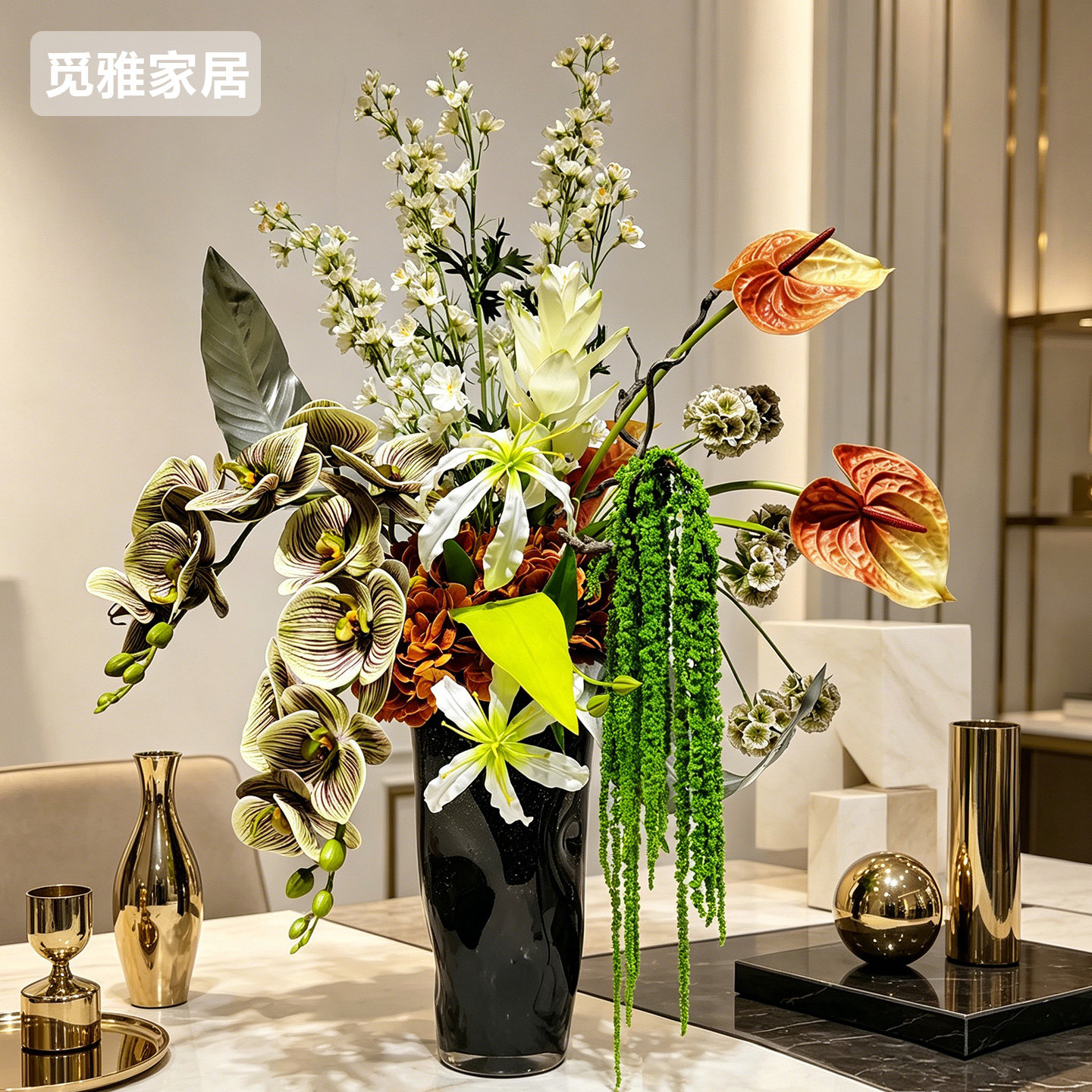 新中式轻奢仿真蝴蝶兰红掌花艺套装别墅酒店会所高档桌面装饰假花