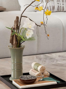 宋式美学绿色竹筒花瓶仿真花摆件