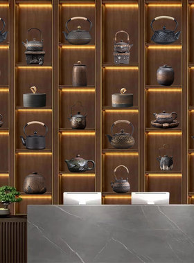 中古侘寂风茶室博古架茶壶罐摆件