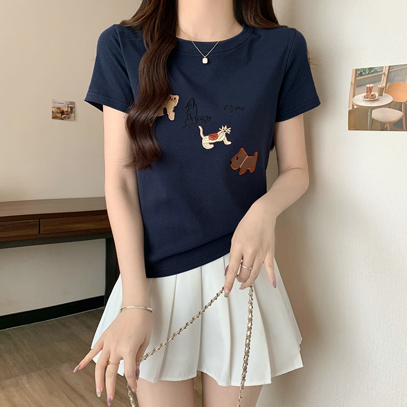 棉质2026爆款趣味减龄刺绣短袖t恤女夏季韩版正肩上衣漂亮小衫