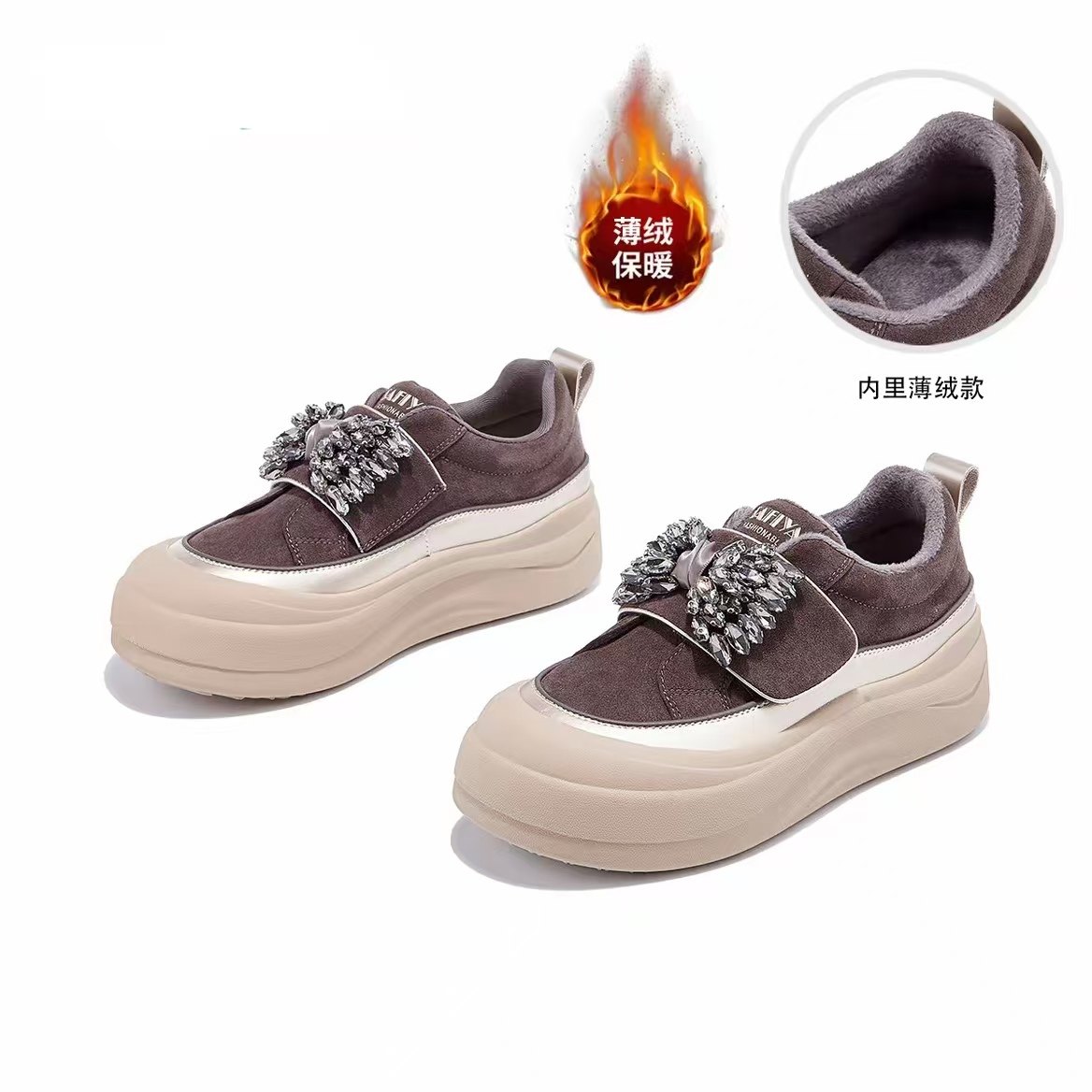 真皮水钻蝴蝶结加绒魔术贴休闲女鞋2025秋冬新款平底5公分德训鞋,女鞋,时尚休闲鞋,淘宝优惠券,粉丝福利购,淘宝优惠卷