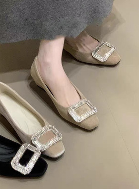 羊皮版~内增高5CM黑色水钻玛丽珍鞋女方头浅口绒面软底累脚鞋