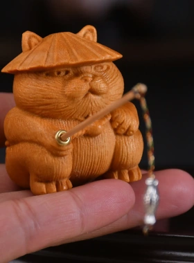黄金檀钓鱼猫木质卡通可爱茶宠