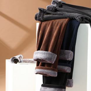 灯芯绒加绒裤子男仕直筒中年灯草绒秋季男士中老年休闲灯星绒男裤