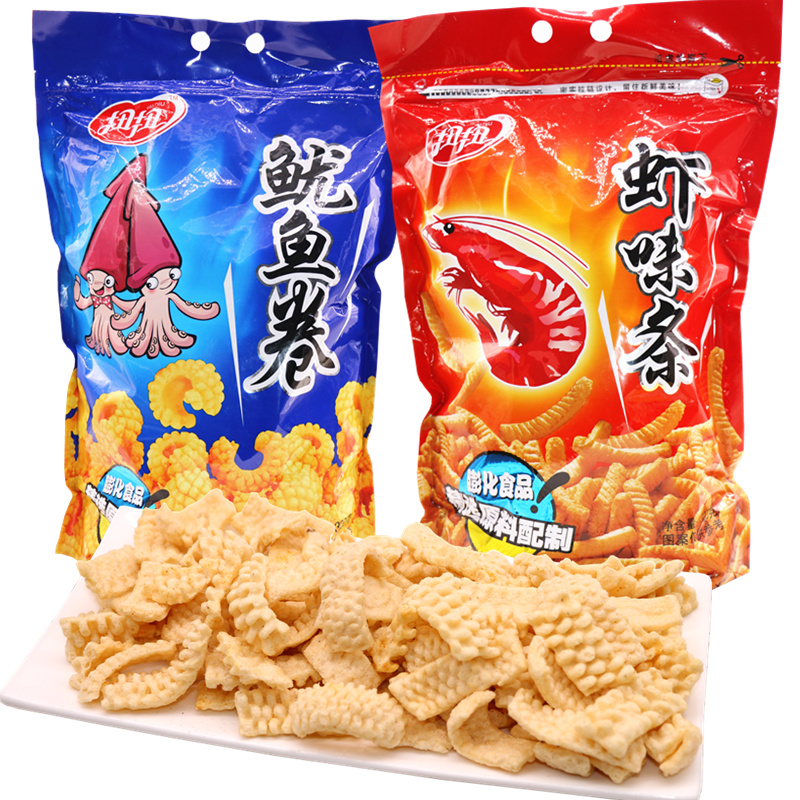 扭扭虾条鱿鱼卷虾味条大包鲜虾片油炸膨化食品休闲零食大礼包包邮