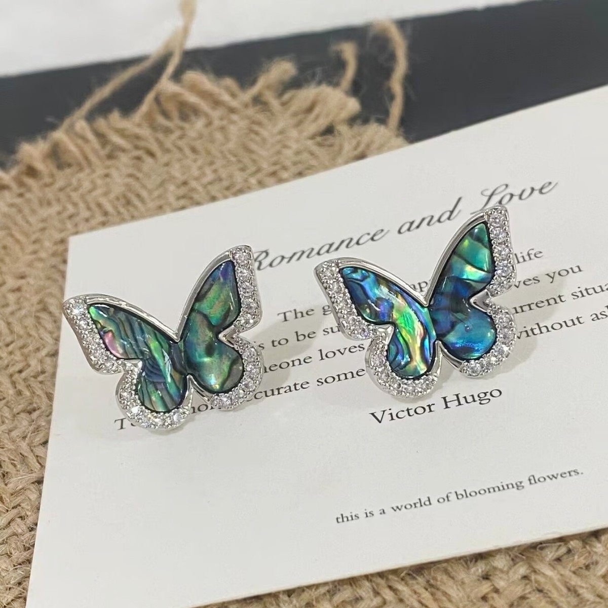 彩色鲍鱼贝壳蝴蝶锆石耳钉女复古甜美精致轻气质森系蝴蝶耳环耳饰