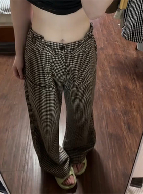 高端阔腿裤女复古千鸟格宽松大码春夏薄款呢子垂感拖地休闲大脚裤