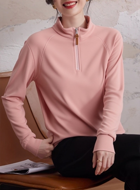 加厚保暖打底衫中领长袖上衣胖mm200斤秋冬立领半拉链德绒上衣女