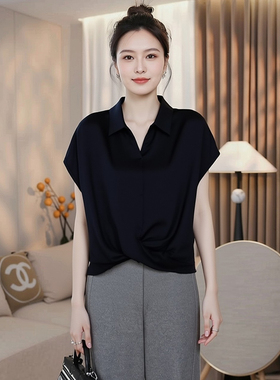 冰丝缎面洋气减龄扭结上衣大码胖mm夏季薄款品牌v领短袖衬衫女士