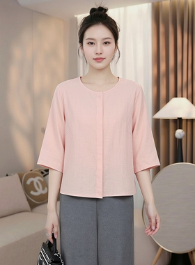 品牌天丝亚麻衬衫大码胖mm中年妈妈圆领单排扣细支棉麻高品质衬衫