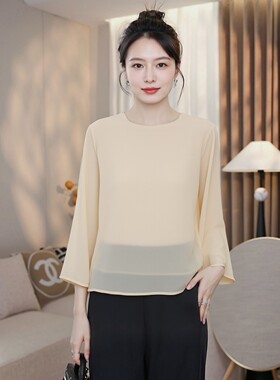 喇叭袖小衫长袖早秋品牌大码胖mm新中式国风衬衫女打底衫春秋款