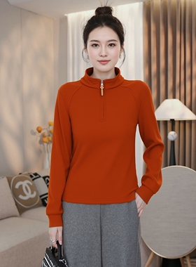 品牌半拉链立领双面绒卫衣女大码胖mm打底衫中年妈妈春秋休闲上衣