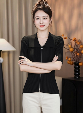 显瘦打底衫内搭夏季上衣大码胖mm洋气翻领针织开衫女双拉链设计感