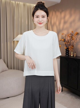 白色中年妈妈高档透气短袖小衫大码胖mm品牌冰丝亚麻t恤女夏季薄