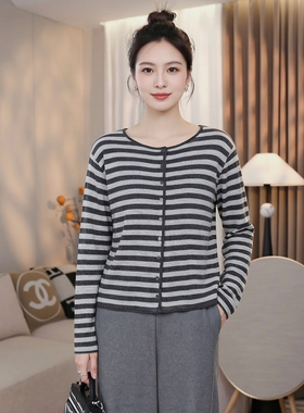 妈妈宽松条纹衫上衣外套大码胖mm品牌天丝亚麻针织开衫女春秋宽松