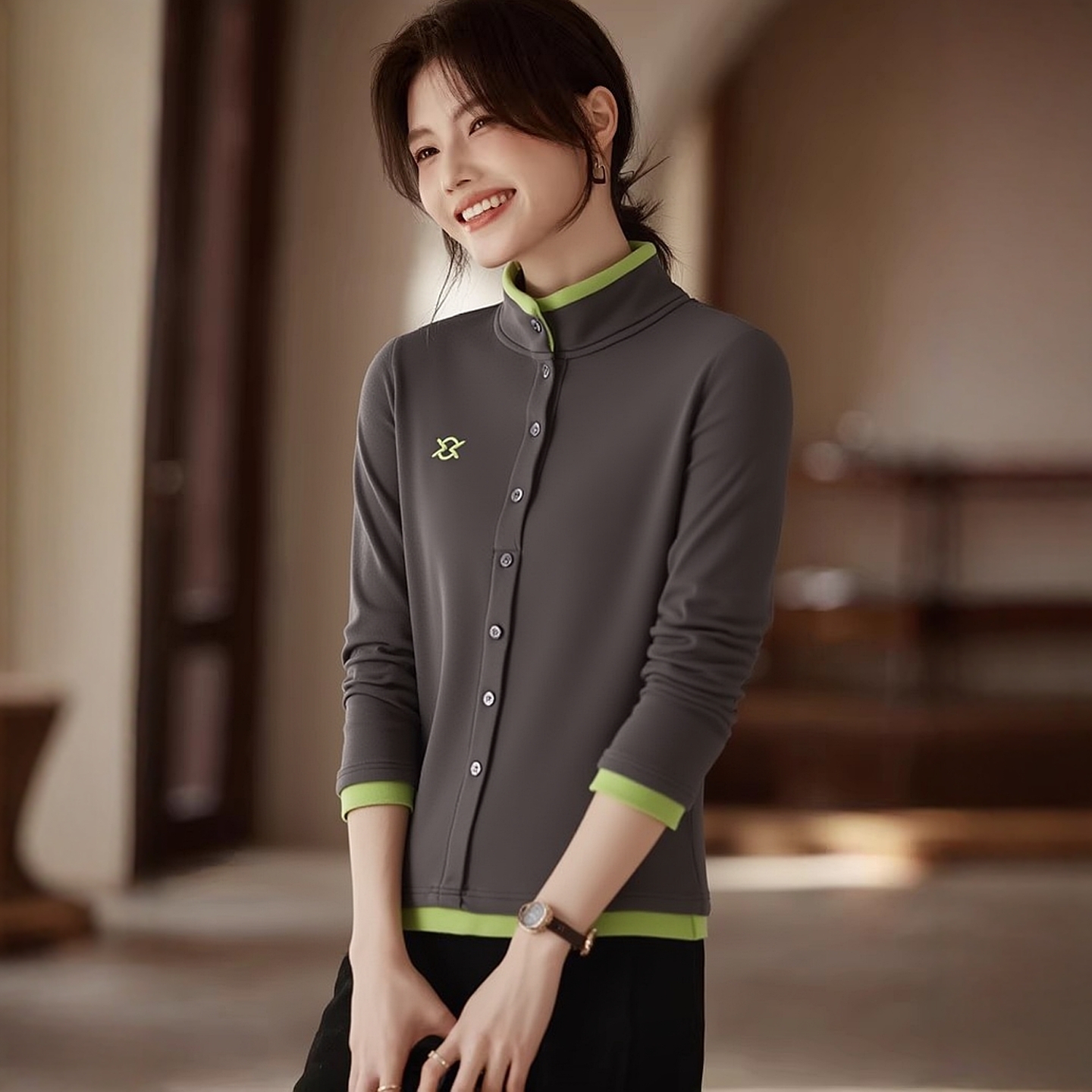 品牌双面德绒假两件卫衣女大码胖mm立领宽松妈妈半开领长袖上衣秋