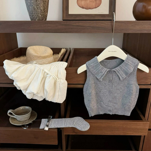 韩版女童夏季新款时髦洋气学院风娃娃领针织上衣花苞裤两件套潮款