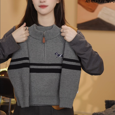 儿童男童毛衣拉链新款2025韩版春秋季女童洋气条纹高领针织衫上衣