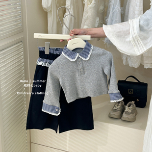 【现货】miu系女童套装格纹假两件设计感撞色长袖T恤2025春秋季款