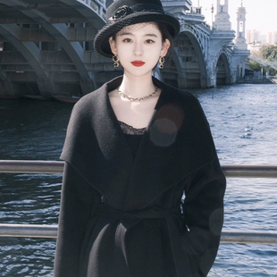 羊绒黑色大衣女冬装2025新款复古中长款显瘦大翻领双面羊毛呢外套