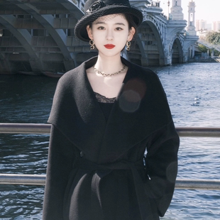 2025秋冬新款 宽松显瘦大翻领羊毛呢子外套 双面羊绒大衣女中长款