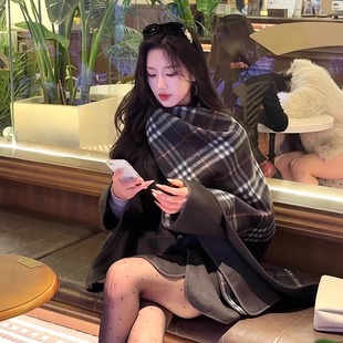 叶童同款 毛呢外套斗篷上衣女冬 双面呢两面穿双生羊绒大衣格纹短款