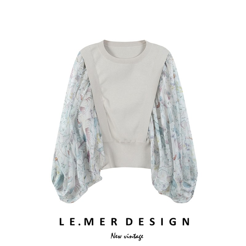 Lemer/鸟语花香针织拼雪纺衫蝙蝠袖印花上衣法式仙女假两件套飞袖在类目 女装/女士精品, 蕾丝衫/雪纺衫中 - 来自Buy2taobao.com提供专业的淘宝代购服务