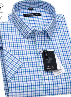 老人头短袖衬衫男蓝色格子商务正装夏季薄款中年爸爸装半袖衬衣男