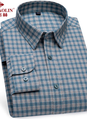 俞兆林男士长袖全棉衬衫25秋款蓝绿色方格子中青年爸爸装纯棉衬衣